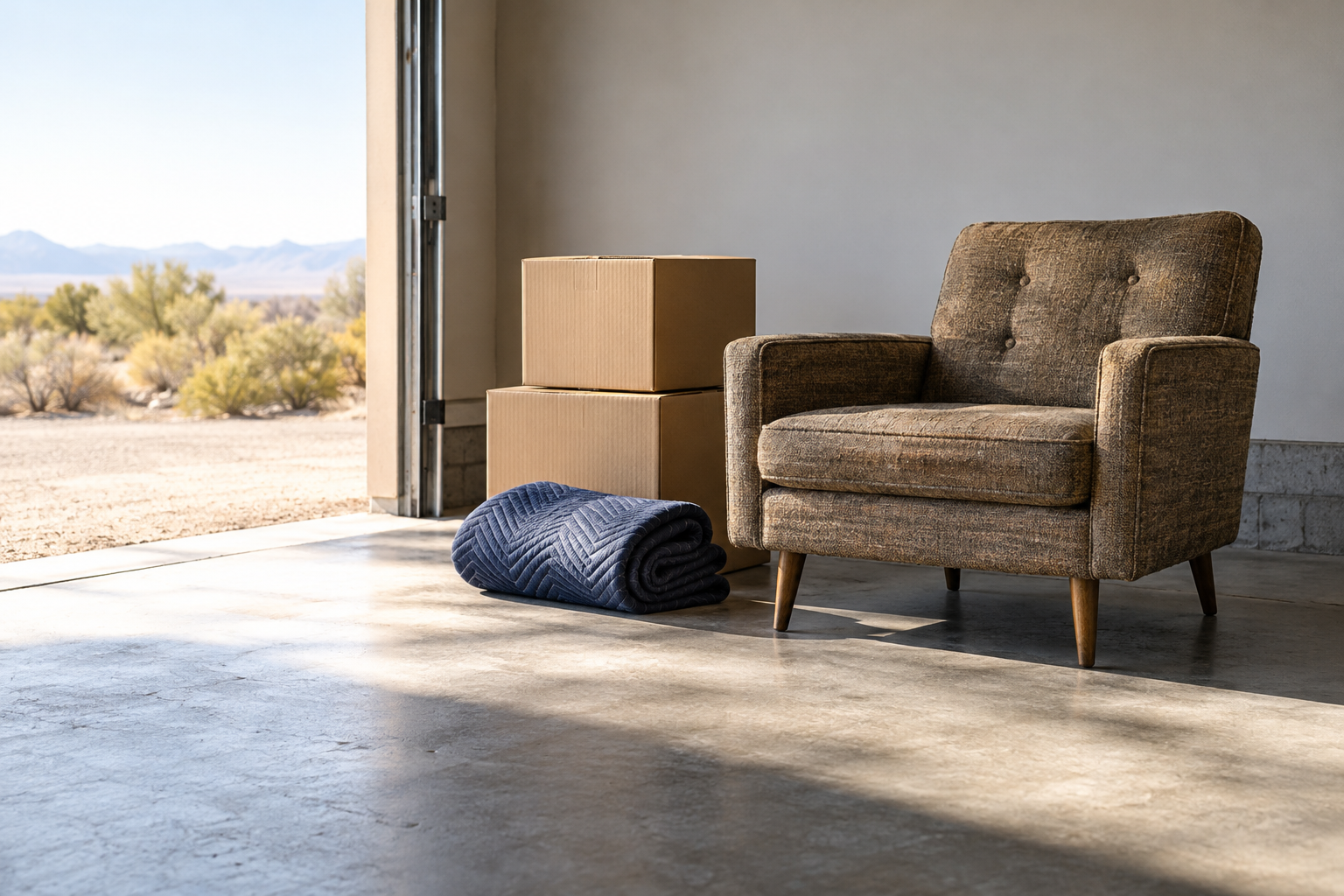 Illustrative generic garage scene with a chair, boxes and folded moving blanket